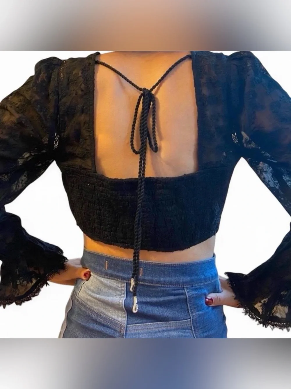 Free People Black Lace Tie-Back Long Sleeve Crop Top